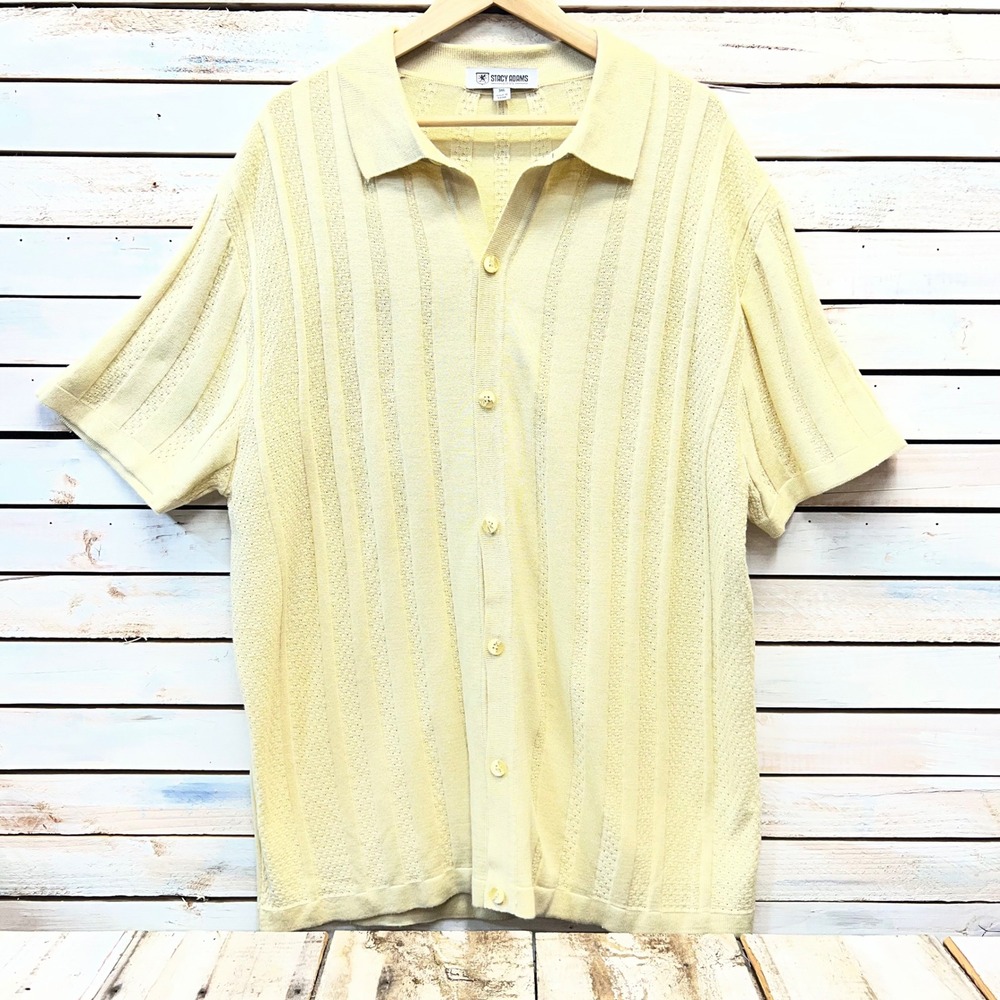 Stacy Adams Yellow Acrylic Knit Polo Button Up Retro Pointelle Shirt 3XL